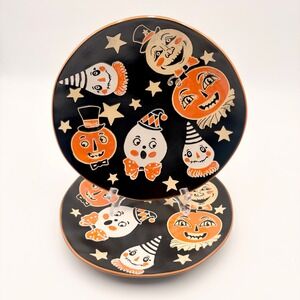 Eli + Ana Vintage Style Halloween Ceramic Salad Plates Set of 2 Black Orange 8"